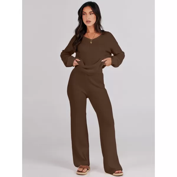 imageANRABESS Womens Two Piece Outfits Sweater Sets Long Sleeve V Neck Knit Pullover and Wide Leg Pants Lounge SetsDeep Brown