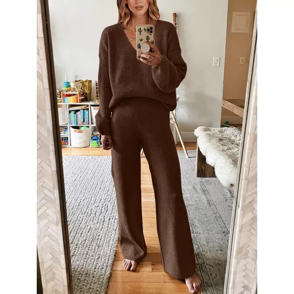 imageANRABESS Womens Two Piece Outfits Sweater Sets Long Sleeve V Neck Knit Pullover and Wide Leg Pants Lounge SetsDeep Brown