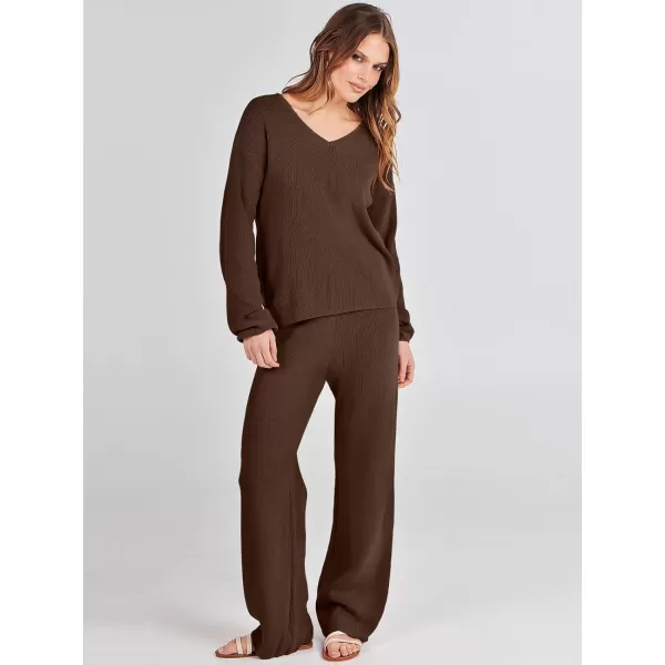 imageANRABESS Womens Two Piece Outfits Sweater Sets Long Sleeve V Neck Knit Pullover and Wide Leg Pants Lounge SetsDeep Brown