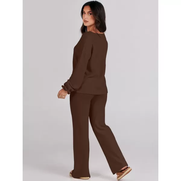 imageANRABESS Womens Two Piece Outfits Sweater Sets Long Sleeve V Neck Knit Pullover and Wide Leg Pants Lounge SetsDeep Brown
