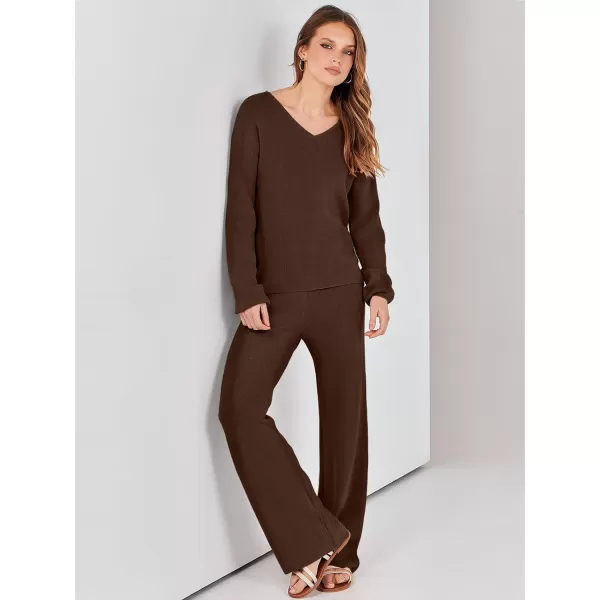 imageANRABESS Womens Two Piece Outfits Sweater Sets Long Sleeve V Neck Knit Pullover and Wide Leg Pants Lounge SetsDeep Brown