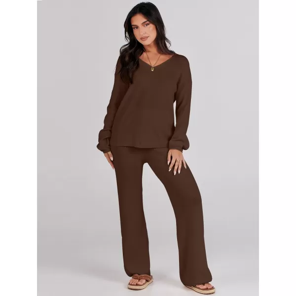 imageANRABESS Womens Two Piece Outfits Sweater Sets Long Sleeve V Neck Knit Pullover and Wide Leg Pants Lounge SetsDeep Brown