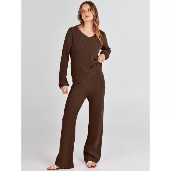 imageANRABESS Womens Two Piece Outfits Sweater Sets Long Sleeve V Neck Knit Pullover and Wide Leg Pants Lounge SetsDeep Brown
