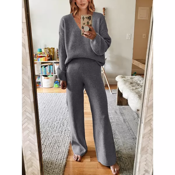 imageANRABESS Womens Two Piece Outfits Sweater Sets Long Sleeve V Neck Knit Pullover and Wide Leg Pants Lounge SetsDeep Grey