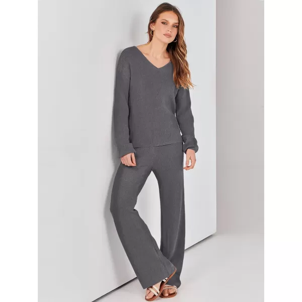 imageANRABESS Womens Two Piece Outfits Sweater Sets Long Sleeve V Neck Knit Pullover and Wide Leg Pants Lounge SetsDeep Grey