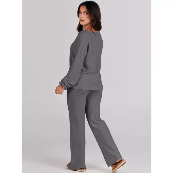 imageANRABESS Womens Two Piece Outfits Sweater Sets Long Sleeve V Neck Knit Pullover and Wide Leg Pants Lounge SetsDeep Grey
