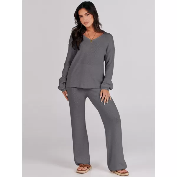 imageANRABESS Womens Two Piece Outfits Sweater Sets Long Sleeve V Neck Knit Pullover and Wide Leg Pants Lounge SetsDeep Grey