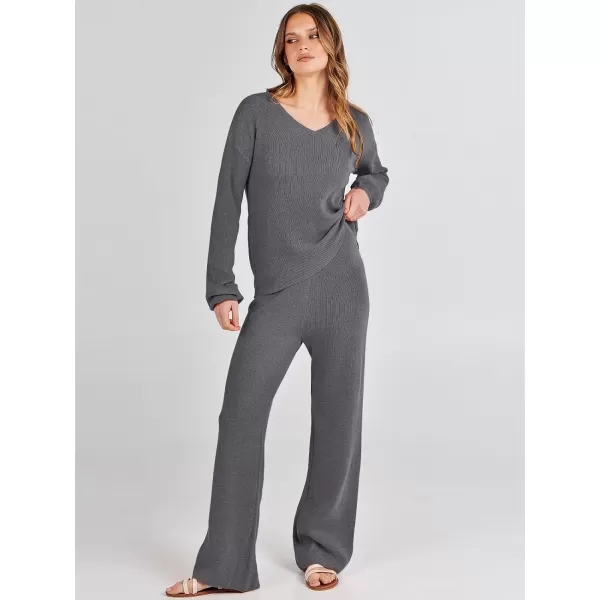 imageANRABESS Womens Two Piece Outfits Sweater Sets Long Sleeve V Neck Knit Pullover and Wide Leg Pants Lounge SetsDeep Grey
