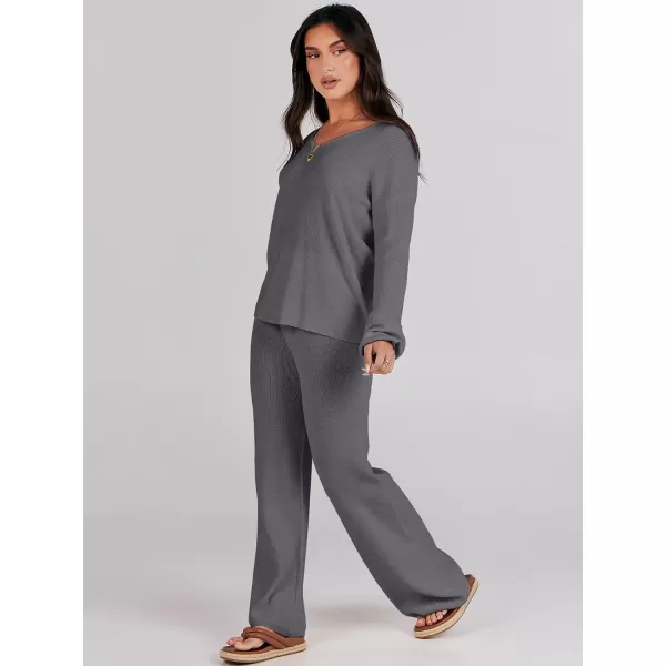 imageANRABESS Womens Two Piece Outfits Sweater Sets Long Sleeve V Neck Knit Pullover and Wide Leg Pants Lounge SetsDeep Grey