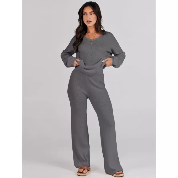 imageANRABESS Womens Two Piece Outfits Sweater Sets Long Sleeve V Neck Knit Pullover and Wide Leg Pants Lounge SetsDeep Grey