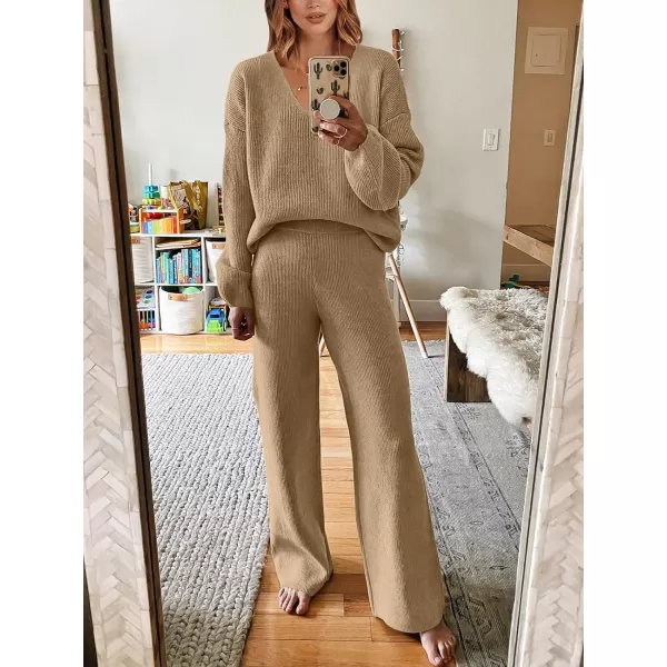 imageANRABESS Womens Two Piece Outfits Sweater Sets Long Sleeve V Neck Knit Pullover and Wide Leg Pants Lounge SetsDeep Khaki