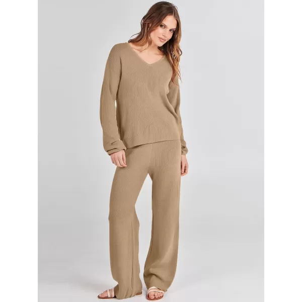 imageANRABESS Womens Two Piece Outfits Sweater Sets Long Sleeve V Neck Knit Pullover and Wide Leg Pants Lounge SetsDeep Khaki