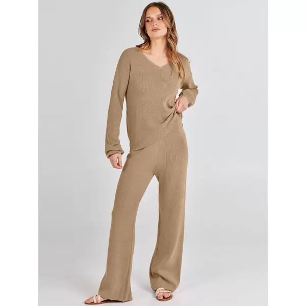 imageANRABESS Womens Two Piece Outfits Sweater Sets Long Sleeve V Neck Knit Pullover and Wide Leg Pants Lounge SetsDeep Khaki