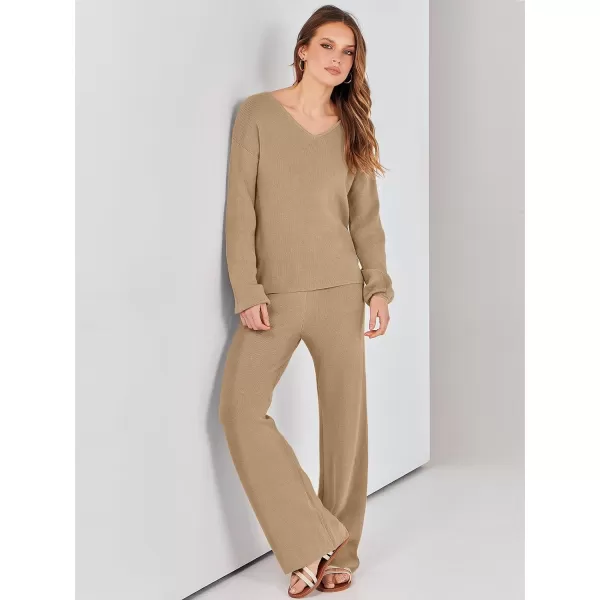 imageANRABESS Womens Two Piece Outfits Sweater Sets Long Sleeve V Neck Knit Pullover and Wide Leg Pants Lounge SetsDeep Khaki