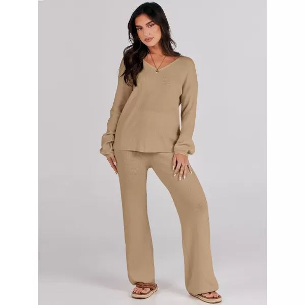 imageANRABESS Womens Two Piece Outfits Sweater Sets Long Sleeve V Neck Knit Pullover and Wide Leg Pants Lounge SetsDeep Khaki