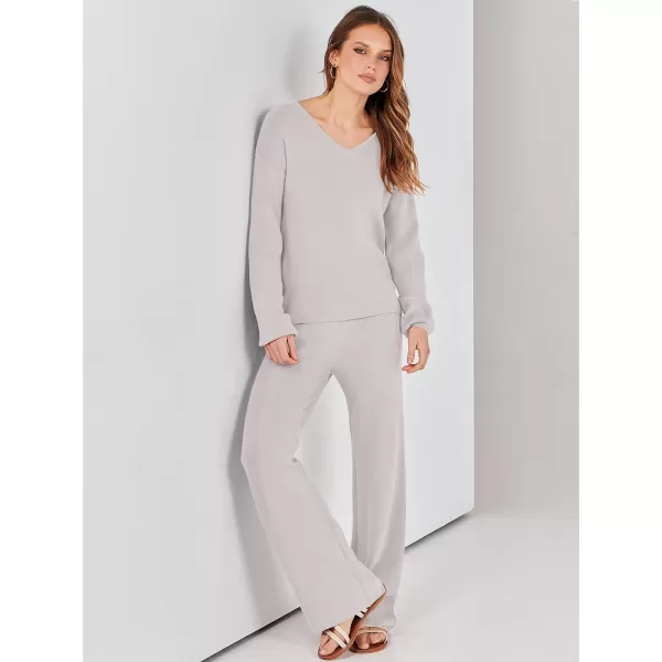 imageANRABESS Womens Two Piece Outfits Sweater Sets Long Sleeve V Neck Knit Pullover and Wide Leg Pants Lounge SetsGrey