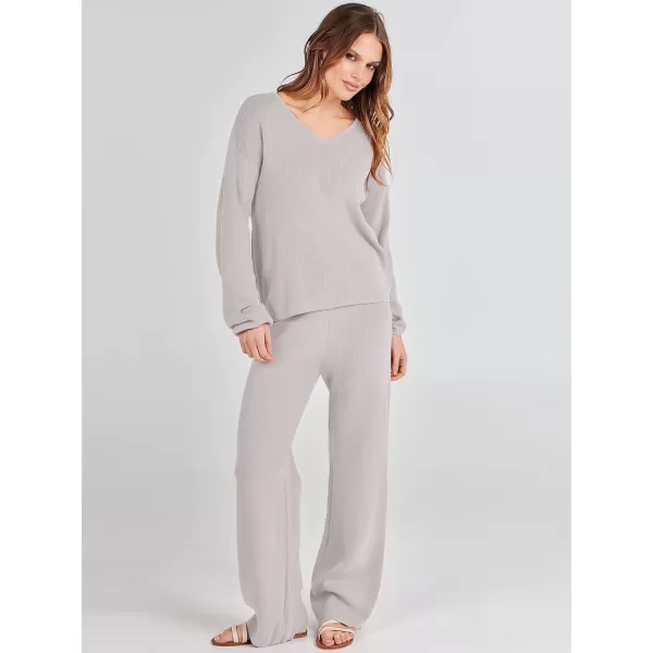 imageANRABESS Womens Two Piece Outfits Sweater Sets Long Sleeve V Neck Knit Pullover and Wide Leg Pants Lounge SetsGrey