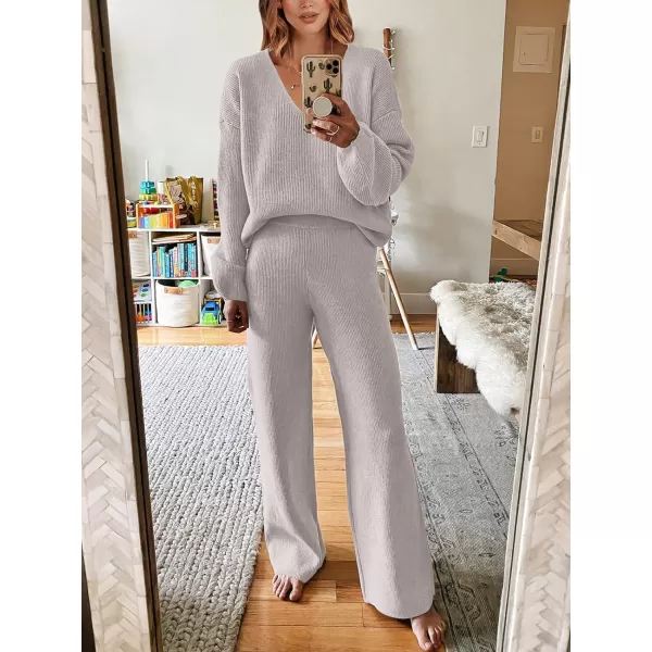 imageANRABESS Womens Two Piece Outfits Sweater Sets Long Sleeve V Neck Knit Pullover and Wide Leg Pants Lounge SetsGrey