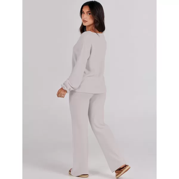 imageANRABESS Womens Two Piece Outfits Sweater Sets Long Sleeve V Neck Knit Pullover and Wide Leg Pants Lounge SetsGrey