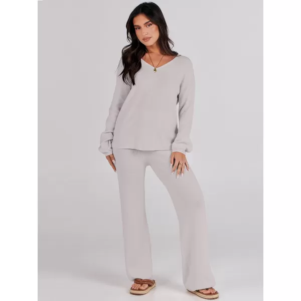 imageANRABESS Womens Two Piece Outfits Sweater Sets Long Sleeve V Neck Knit Pullover and Wide Leg Pants Lounge SetsGrey