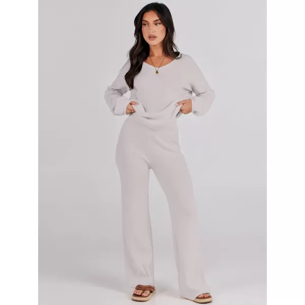 imageANRABESS Womens Two Piece Outfits Sweater Sets Long Sleeve V Neck Knit Pullover and Wide Leg Pants Lounge SetsGrey