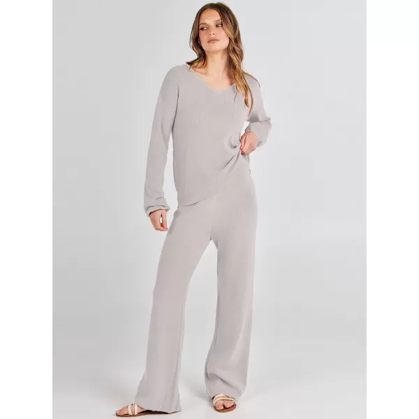 imageANRABESS Womens Two Piece Outfits Sweater Sets Long Sleeve V Neck Knit Pullover and Wide Leg Pants Lounge SetsGrey