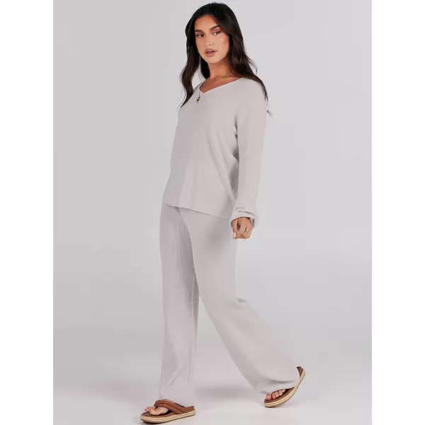 imageANRABESS Womens Two Piece Outfits Sweater Sets Long Sleeve V Neck Knit Pullover and Wide Leg Pants Lounge SetsGrey
