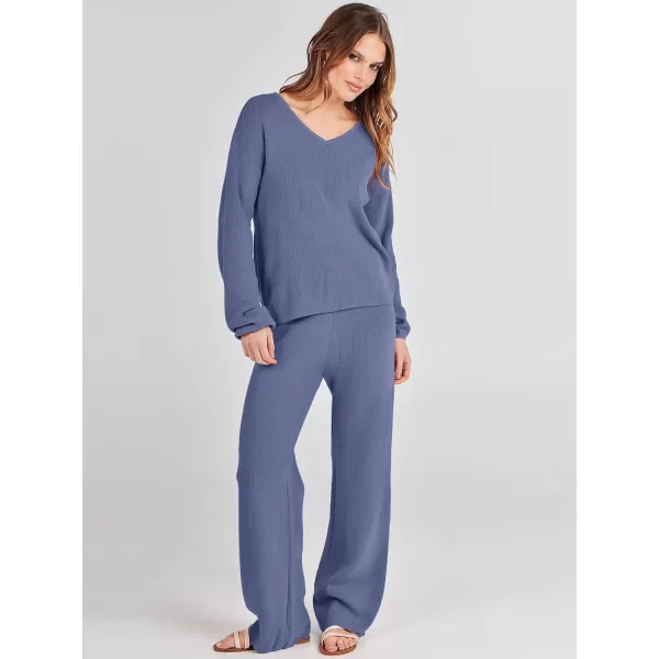 imageANRABESS Womens Two Piece Outfits Sweater Sets Long Sleeve V Neck Knit Pullover and Wide Leg Pants Lounge SetsGrey Blue