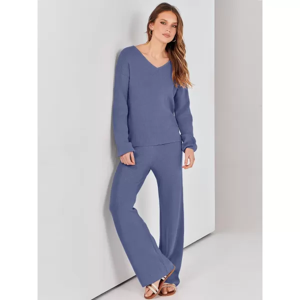 imageANRABESS Womens Two Piece Outfits Sweater Sets Long Sleeve V Neck Knit Pullover and Wide Leg Pants Lounge SetsGrey Blue
