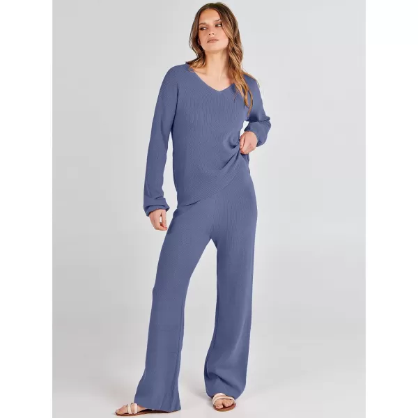 imageANRABESS Womens Two Piece Outfits Sweater Sets Long Sleeve V Neck Knit Pullover and Wide Leg Pants Lounge SetsGrey Blue
