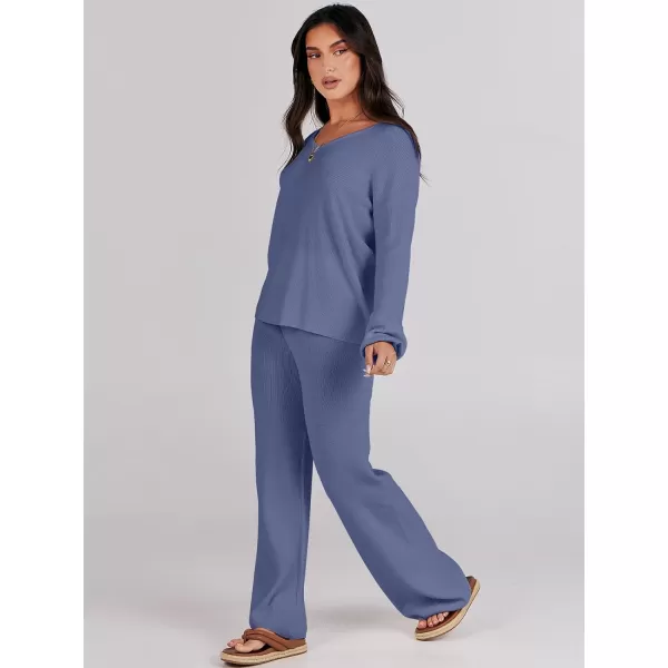 imageANRABESS Womens Two Piece Outfits Sweater Sets Long Sleeve V Neck Knit Pullover and Wide Leg Pants Lounge SetsGrey Blue