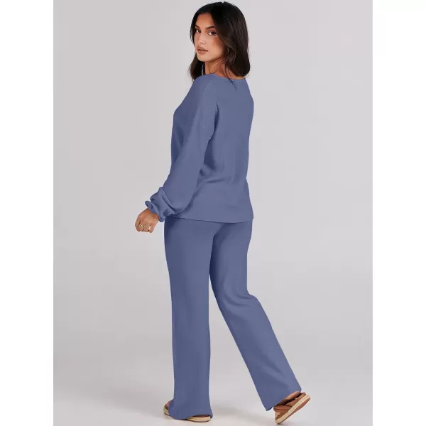 imageANRABESS Womens Two Piece Outfits Sweater Sets Long Sleeve V Neck Knit Pullover and Wide Leg Pants Lounge SetsGrey Blue