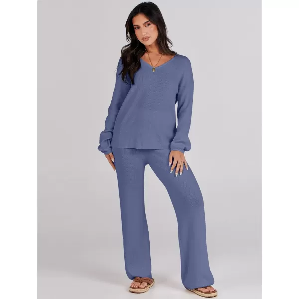 imageANRABESS Womens Two Piece Outfits Sweater Sets Long Sleeve V Neck Knit Pullover and Wide Leg Pants Lounge SetsGrey Blue