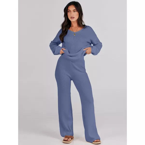 imageANRABESS Womens Two Piece Outfits Sweater Sets Long Sleeve V Neck Knit Pullover and Wide Leg Pants Lounge SetsGrey Blue