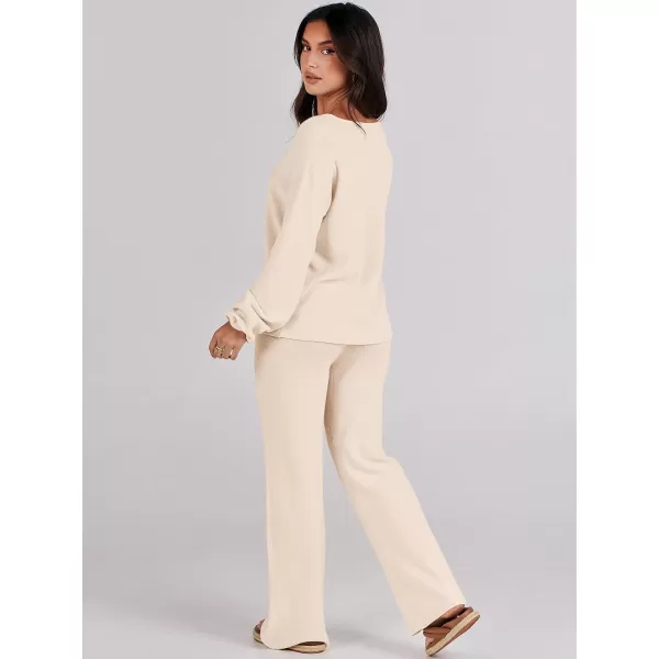imageANRABESS Womens Two Piece Outfits Sweater Sets Long Sleeve V Neck Knit Pullover and Wide Leg Pants Lounge SetsKhaki