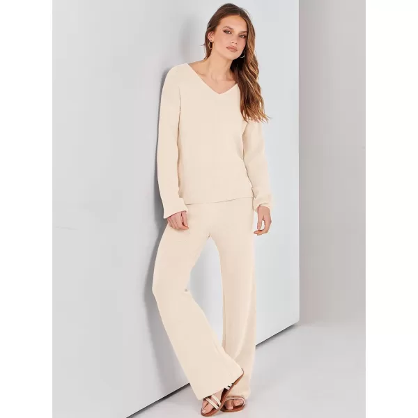imageANRABESS Womens Two Piece Outfits Sweater Sets Long Sleeve V Neck Knit Pullover and Wide Leg Pants Lounge SetsKhaki