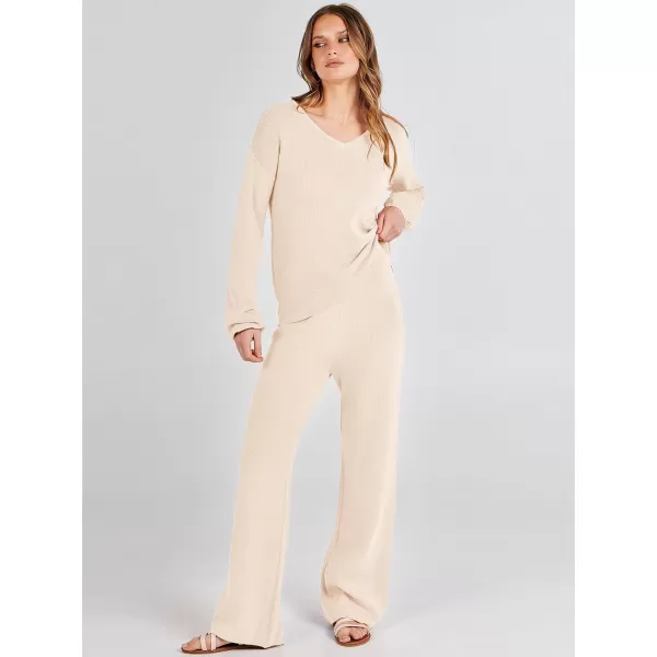 imageANRABESS Womens Two Piece Outfits Sweater Sets Long Sleeve V Neck Knit Pullover and Wide Leg Pants Lounge SetsKhaki
