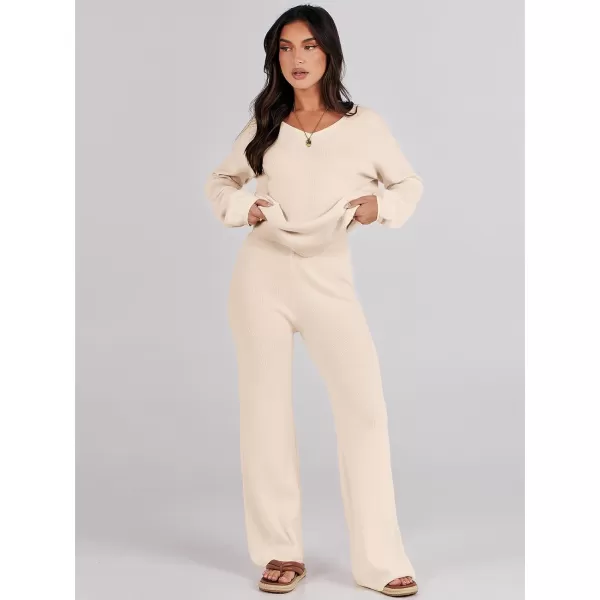 imageANRABESS Womens Two Piece Outfits Sweater Sets Long Sleeve V Neck Knit Pullover and Wide Leg Pants Lounge SetsKhaki
