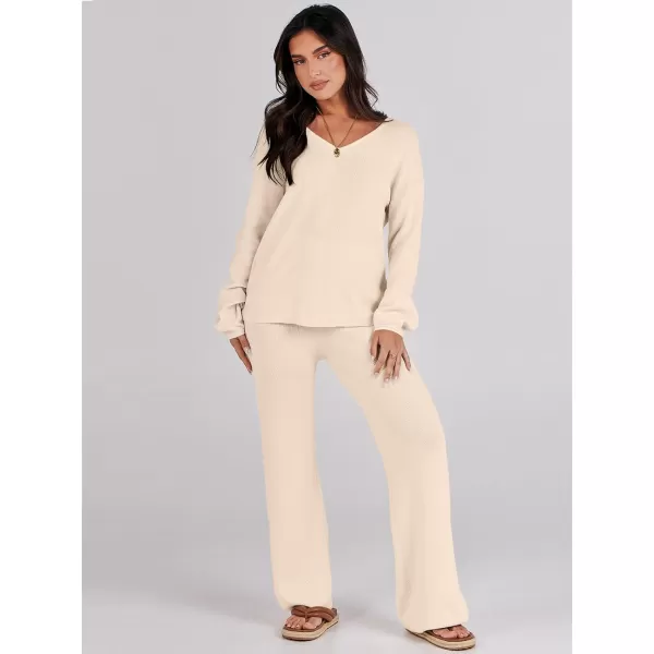 imageANRABESS Womens Two Piece Outfits Sweater Sets Long Sleeve V Neck Knit Pullover and Wide Leg Pants Lounge SetsKhaki