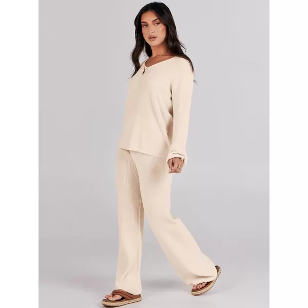 imageANRABESS Womens Two Piece Outfits Sweater Sets Long Sleeve V Neck Knit Pullover and Wide Leg Pants Lounge SetsKhaki