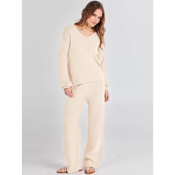 imageANRABESS Womens Two Piece Outfits Sweater Sets Long Sleeve V Neck Knit Pullover and Wide Leg Pants Lounge SetsKhaki