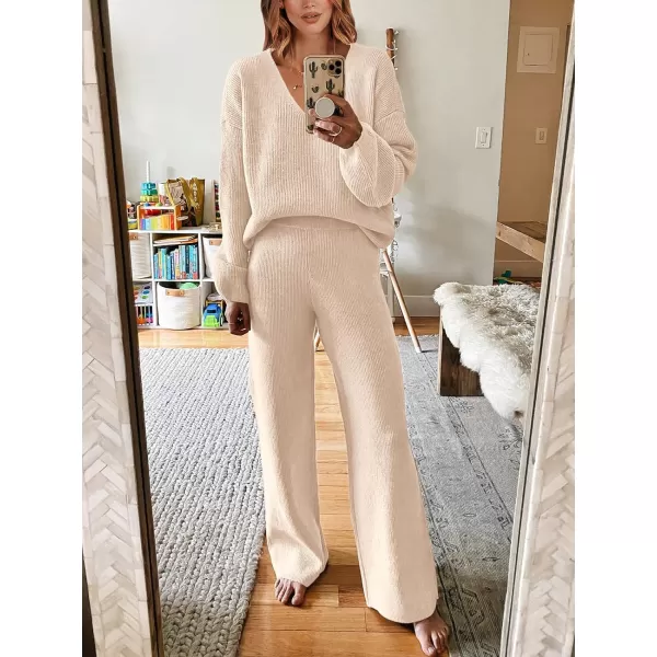 imageANRABESS Womens Two Piece Outfits Sweater Sets Long Sleeve V Neck Knit Pullover and Wide Leg Pants Lounge SetsKhaki