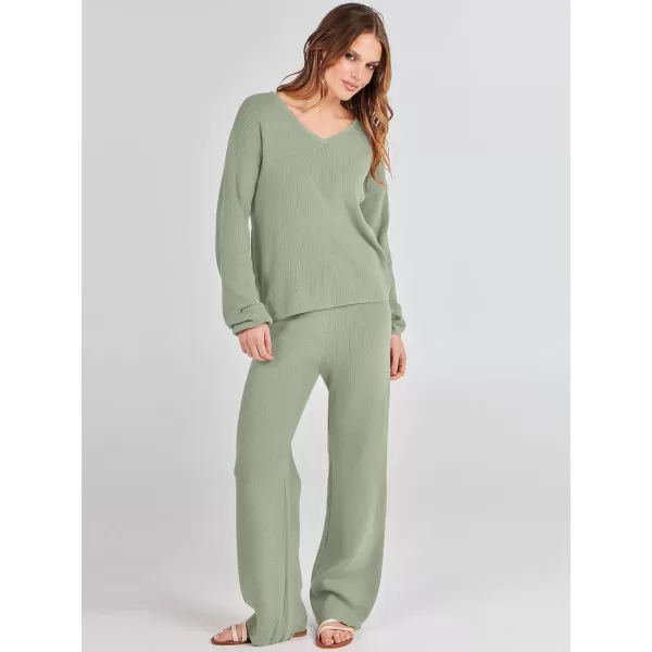 imageANRABESS Womens Two Piece Outfits Sweater Sets Long Sleeve V Neck Knit Pullover and Wide Leg Pants Lounge SetsMint Green