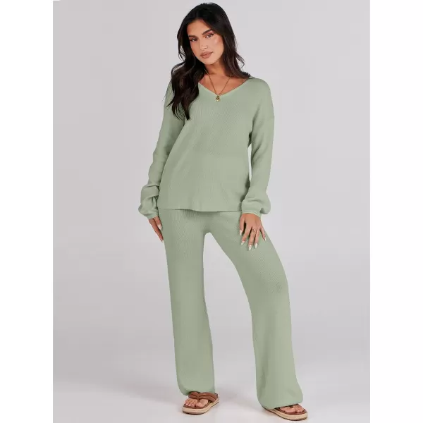 imageANRABESS Womens Two Piece Outfits Sweater Sets Long Sleeve V Neck Knit Pullover and Wide Leg Pants Lounge SetsMint Green