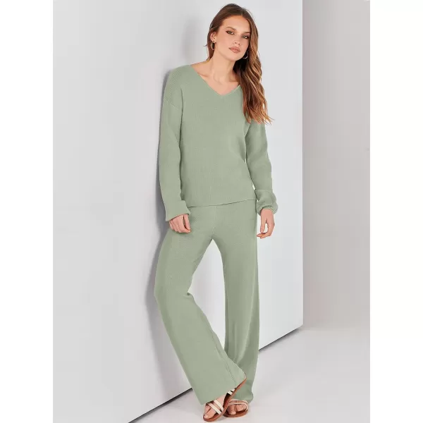 imageANRABESS Womens Two Piece Outfits Sweater Sets Long Sleeve V Neck Knit Pullover and Wide Leg Pants Lounge SetsMint Green
