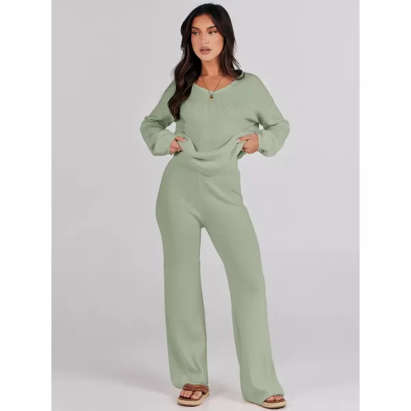 imageANRABESS Womens Two Piece Outfits Sweater Sets Long Sleeve V Neck Knit Pullover and Wide Leg Pants Lounge SetsMint Green