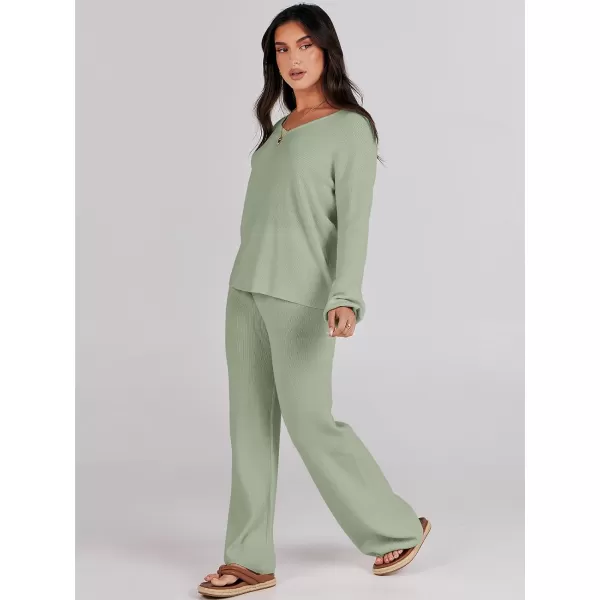 imageANRABESS Womens Two Piece Outfits Sweater Sets Long Sleeve V Neck Knit Pullover and Wide Leg Pants Lounge SetsMint Green