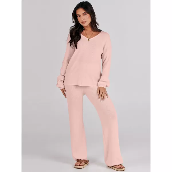 imageANRABESS Womens Two Piece Outfits Sweater Sets Long Sleeve V Neck Knit Pullover and Wide Leg Pants Lounge SetsPink