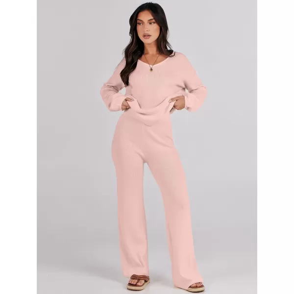 imageANRABESS Womens Two Piece Outfits Sweater Sets Long Sleeve V Neck Knit Pullover and Wide Leg Pants Lounge SetsPink