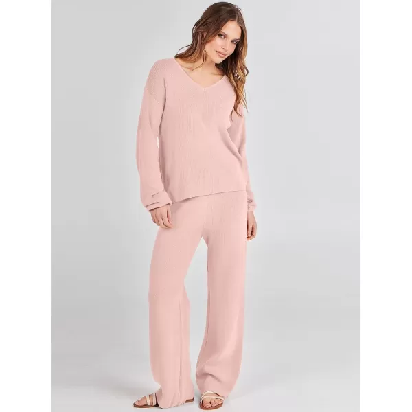 imageANRABESS Womens Two Piece Outfits Sweater Sets Long Sleeve V Neck Knit Pullover and Wide Leg Pants Lounge SetsPink